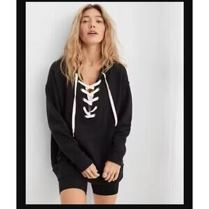 Aerie Black Lace Up Pullover Relaxed Fit Sweatshirt sz M